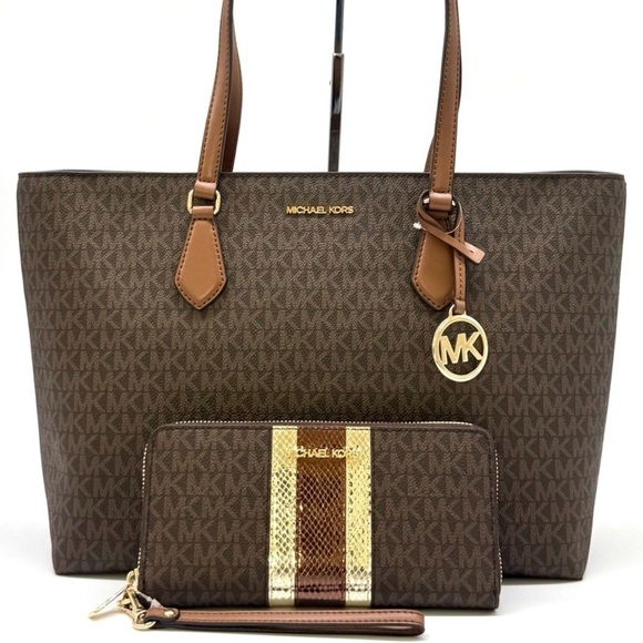 Michael Kors Sheila Large Logo Tote Bag & Matching Continental Wallet Brown - Picture 1 of 12